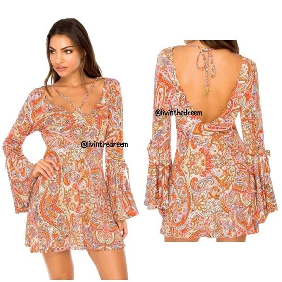 Luli Fama ANDALUZ V Neck Bell Sleeve Short Dress SZ L $145 - Picture 1 of 11